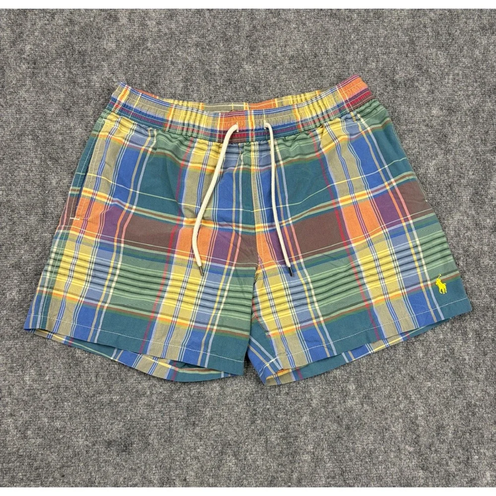 Polo Ralph Lauren Mens Madras Plaid Swim Trunks Multicolor Mesh Lined Large